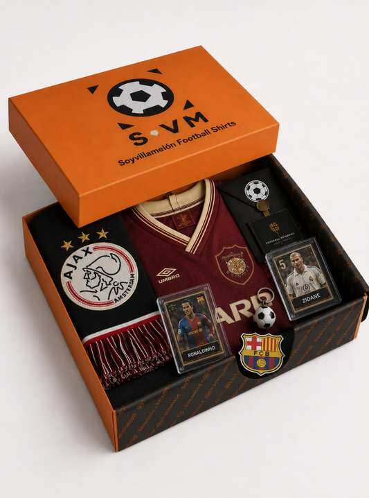 Mystery Box de fútbol con camiseta vintage o actual, bufanda y regalos sorpresa.